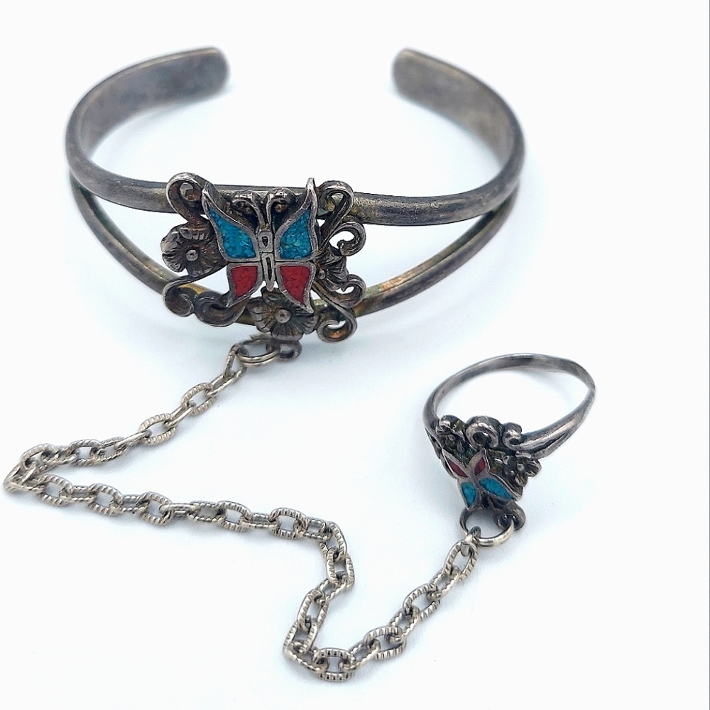 Vintage G&S slave bracelet Ring sz 6.5 silver turquoise coral 1980's